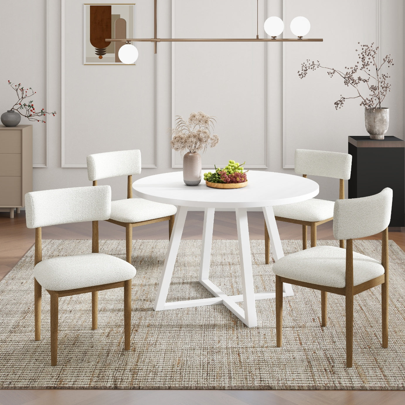 Tabner Edo 5-Piece Dining Set, Round Trestle Table and 4 Upholstered Chairs