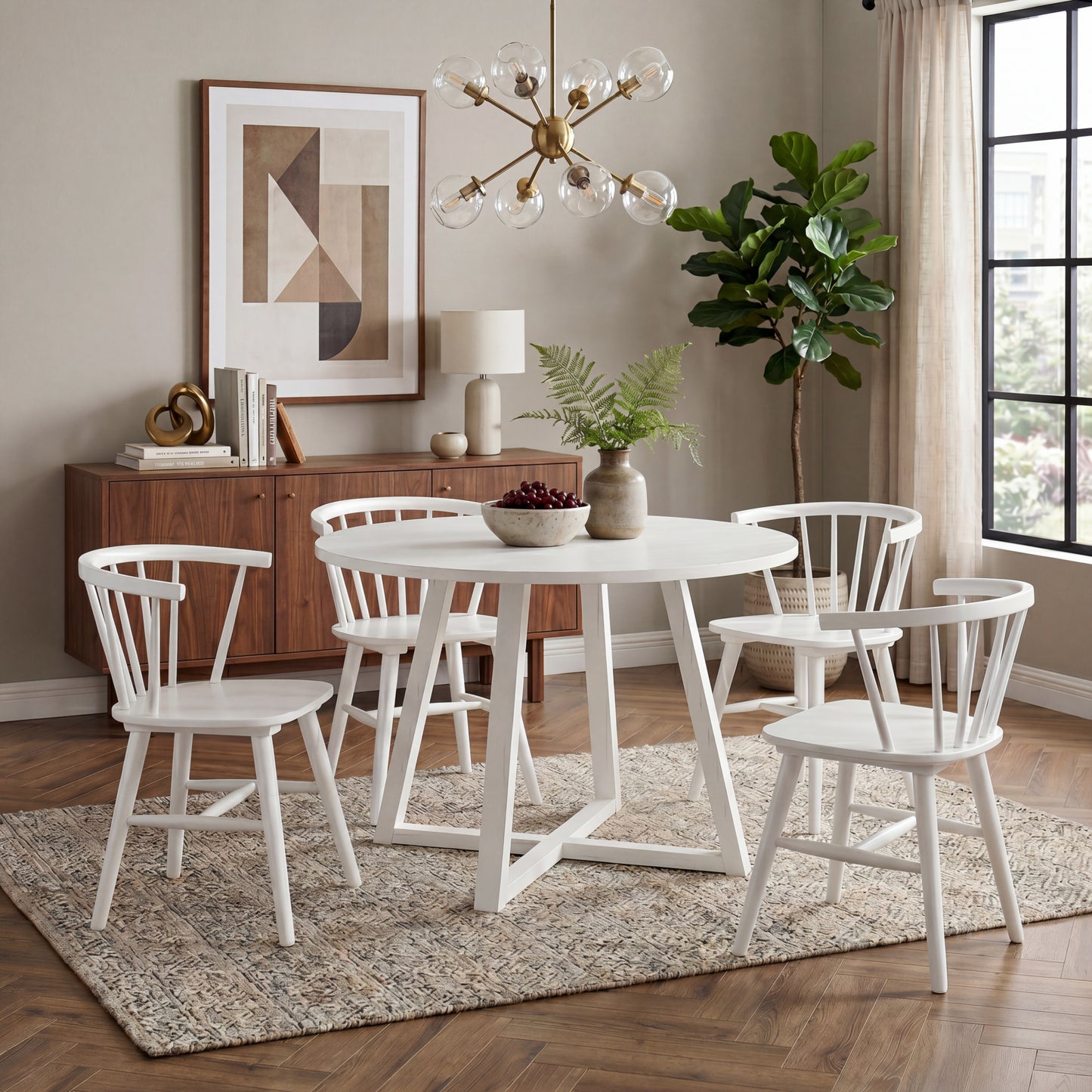 Edo White Wood 5-Piece Dining Set, Trestle Dining Table with 4 Windsor Chairs