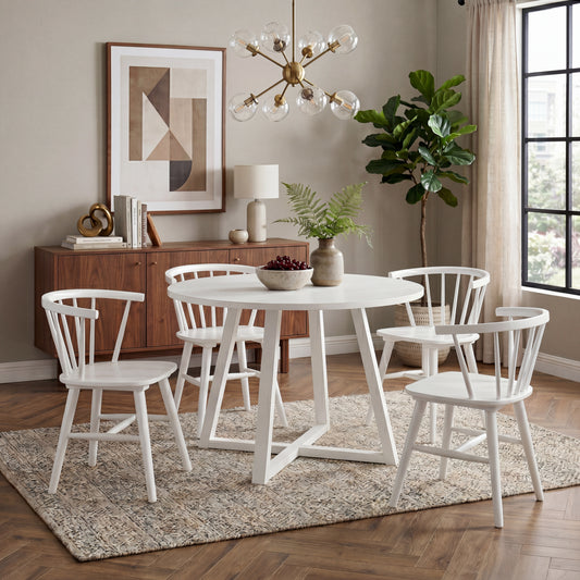 Edo White Wood 5-Piece Dining Set, Trestle Dining Table with 4 Windsor Chairs