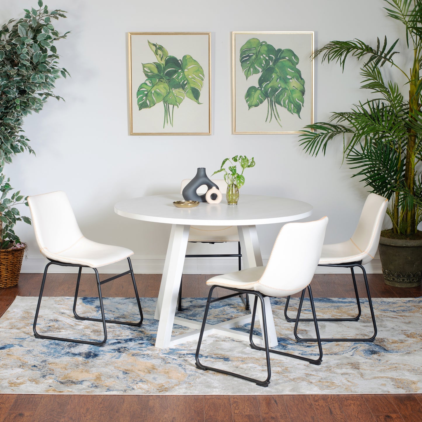 Varna 5-Piece Round Dining Set, Trestle Dining Table with 4 Stylish Chairs