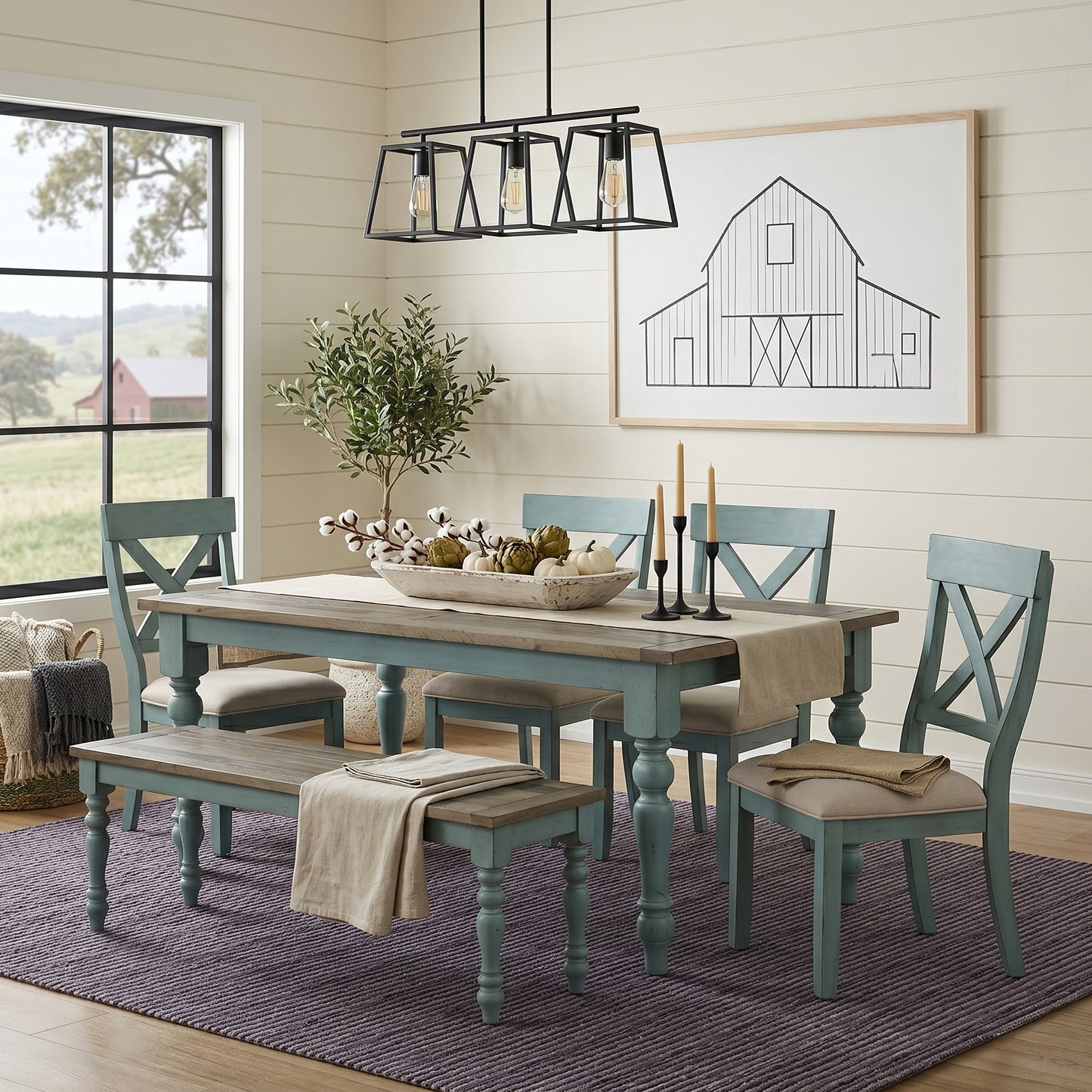 Prato 6-Piece Dining table'set with Cross Back Chairs and Dining Bench