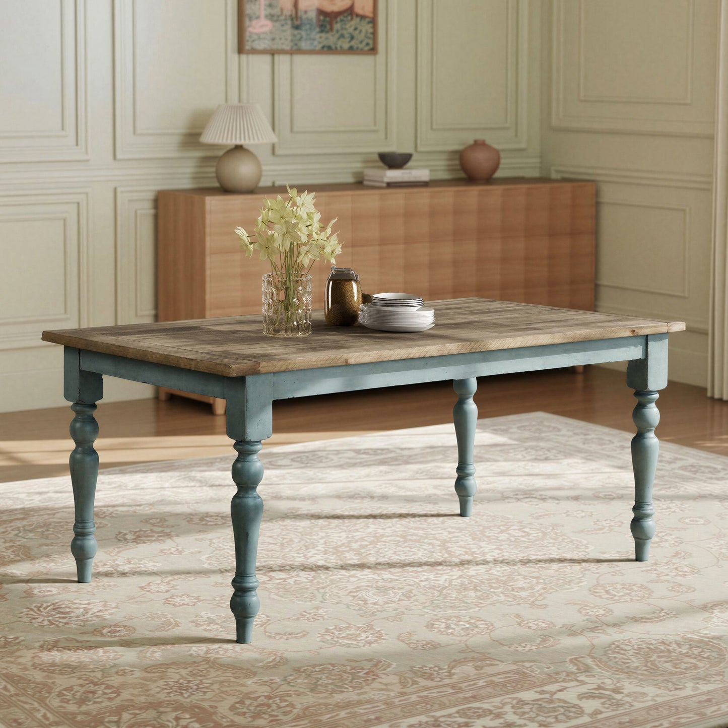 Prato Blue and Brown Two-Tone Finish Wood Dining Table