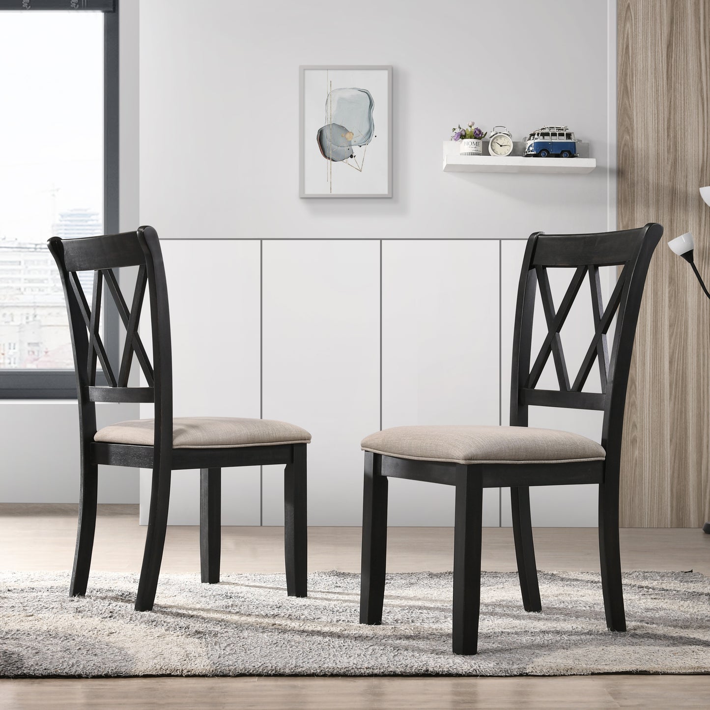 Hensfield Contemporary 7-Piece Dining Set, Dining Table with 6 Cross-back Chairs, Rich Black
