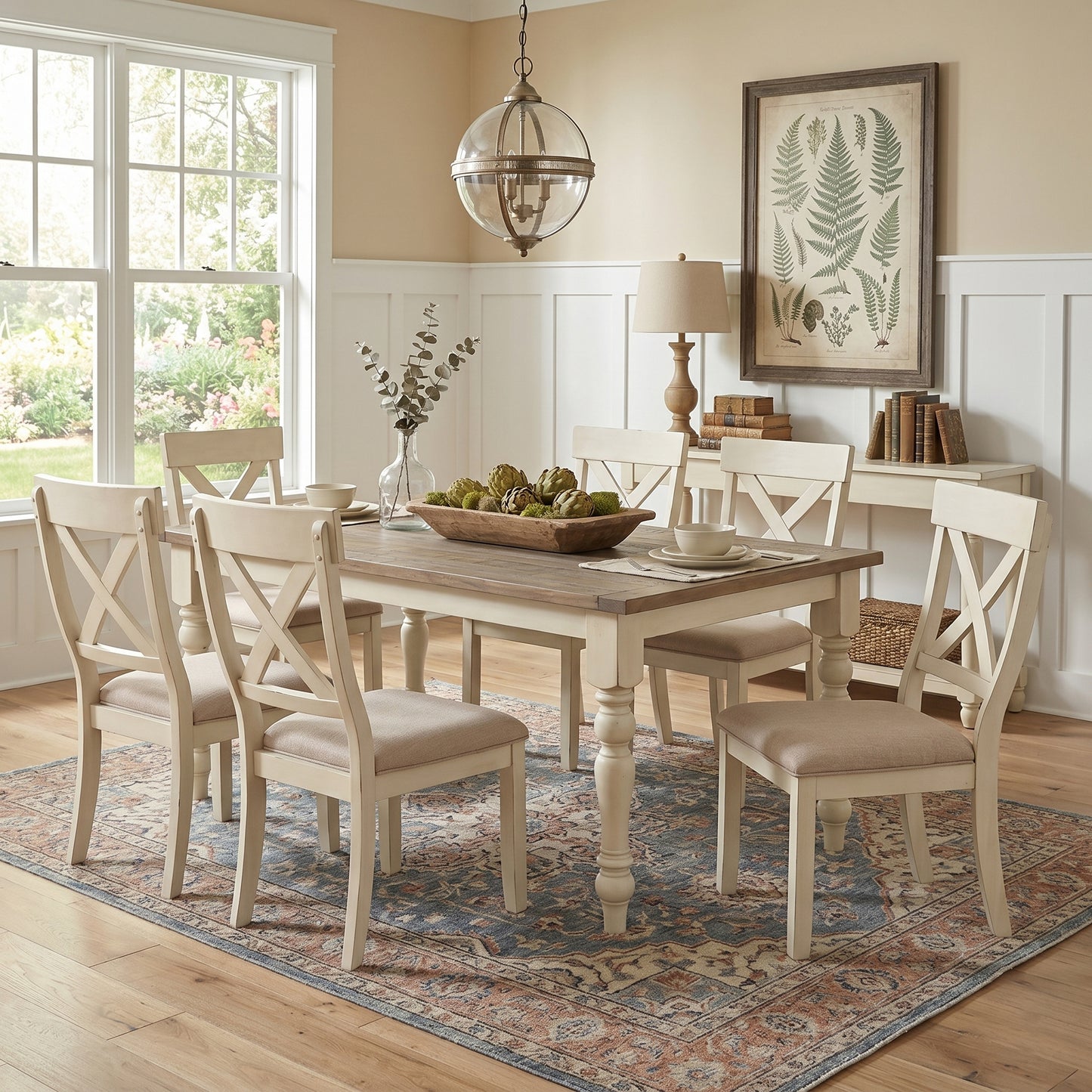 Prato 7-piece Dining table'set With Cross Back Chairs, Antique White and Distressed Oak