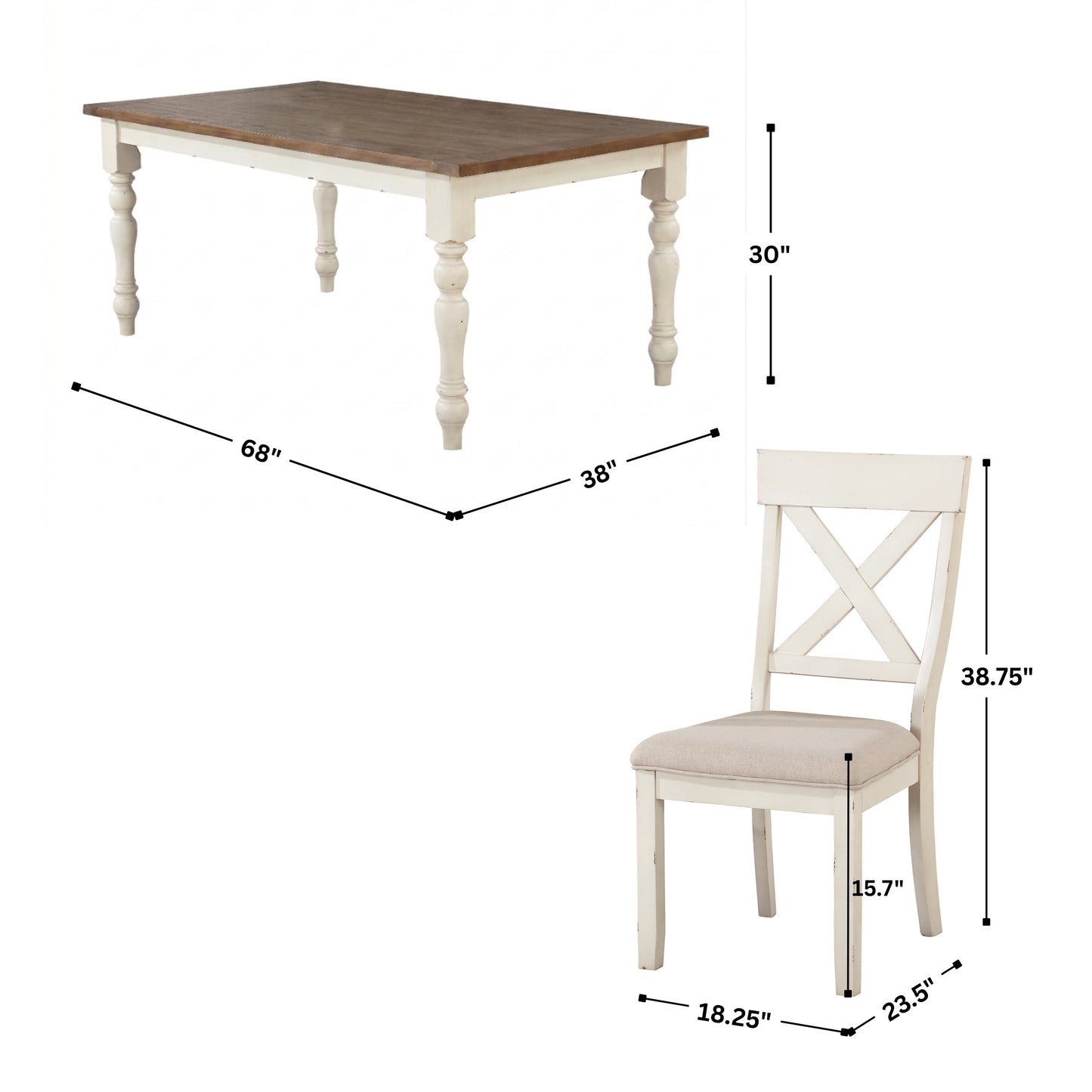 Prato 7-piece Dining table'set With Cross Back Chairs, Antique White and Distressed Oak