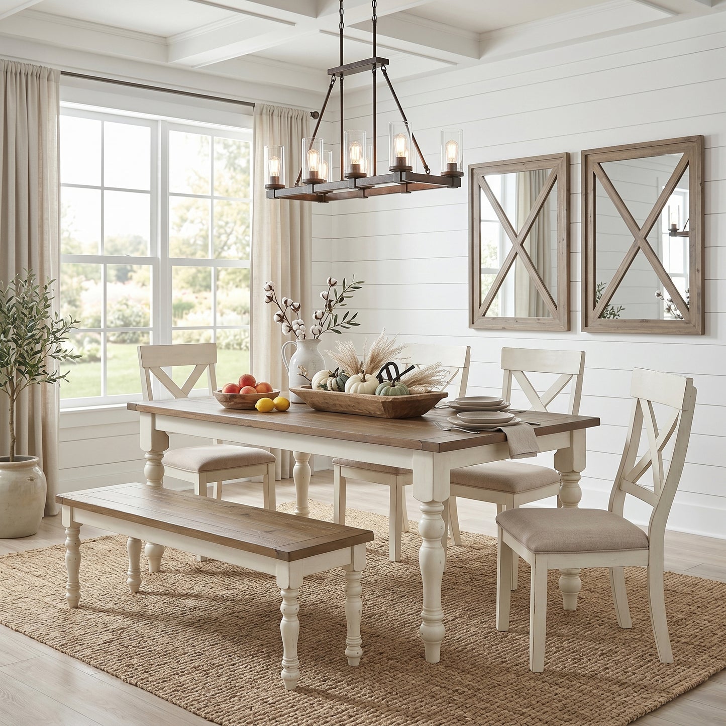 Prato Two-Tone Wood Dining Bench, Antique White and Distressed Oak