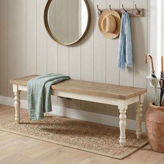 Prato Two-Tone Wood Dining Bench, Antique White and Distressed Oak