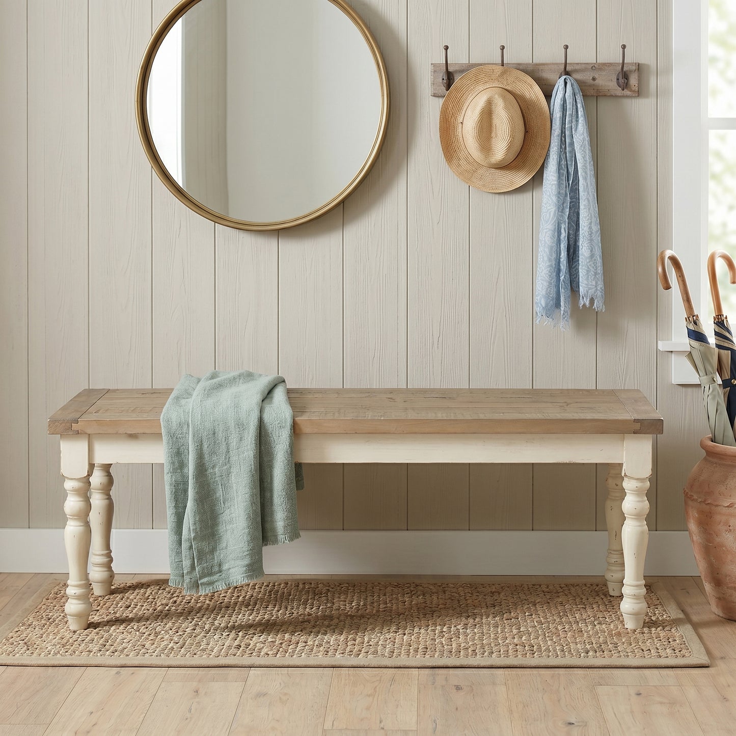 Prato Two-Tone Wood Dining Bench, Antique White and Distressed Oak