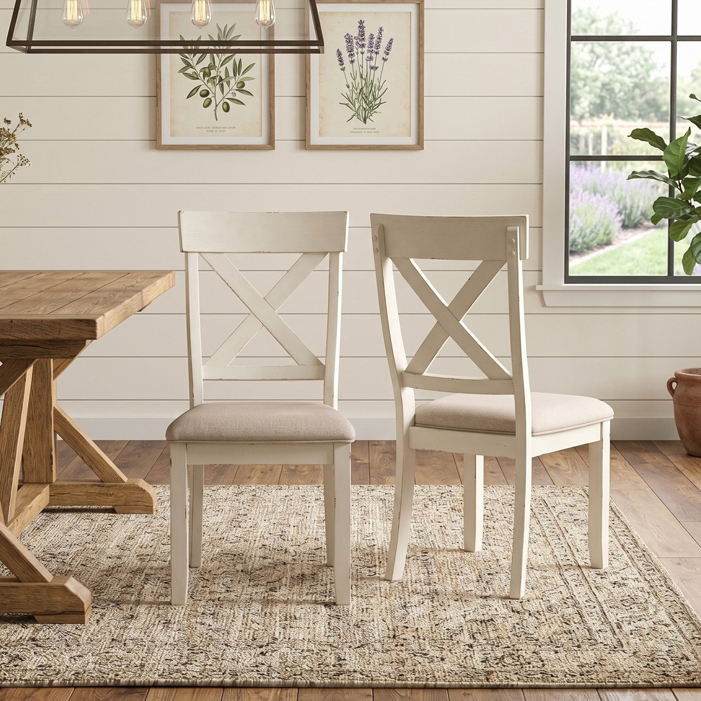 Prato 6-piece Dining table'set With Cross Back Chairs and Bench, Antique White and Distressed Oak