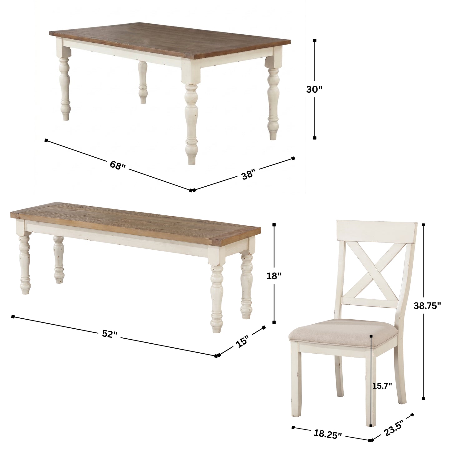 Prato 6-piece Dining table'set With Cross Back Chairs and Bench, Antique White and Distressed Oak