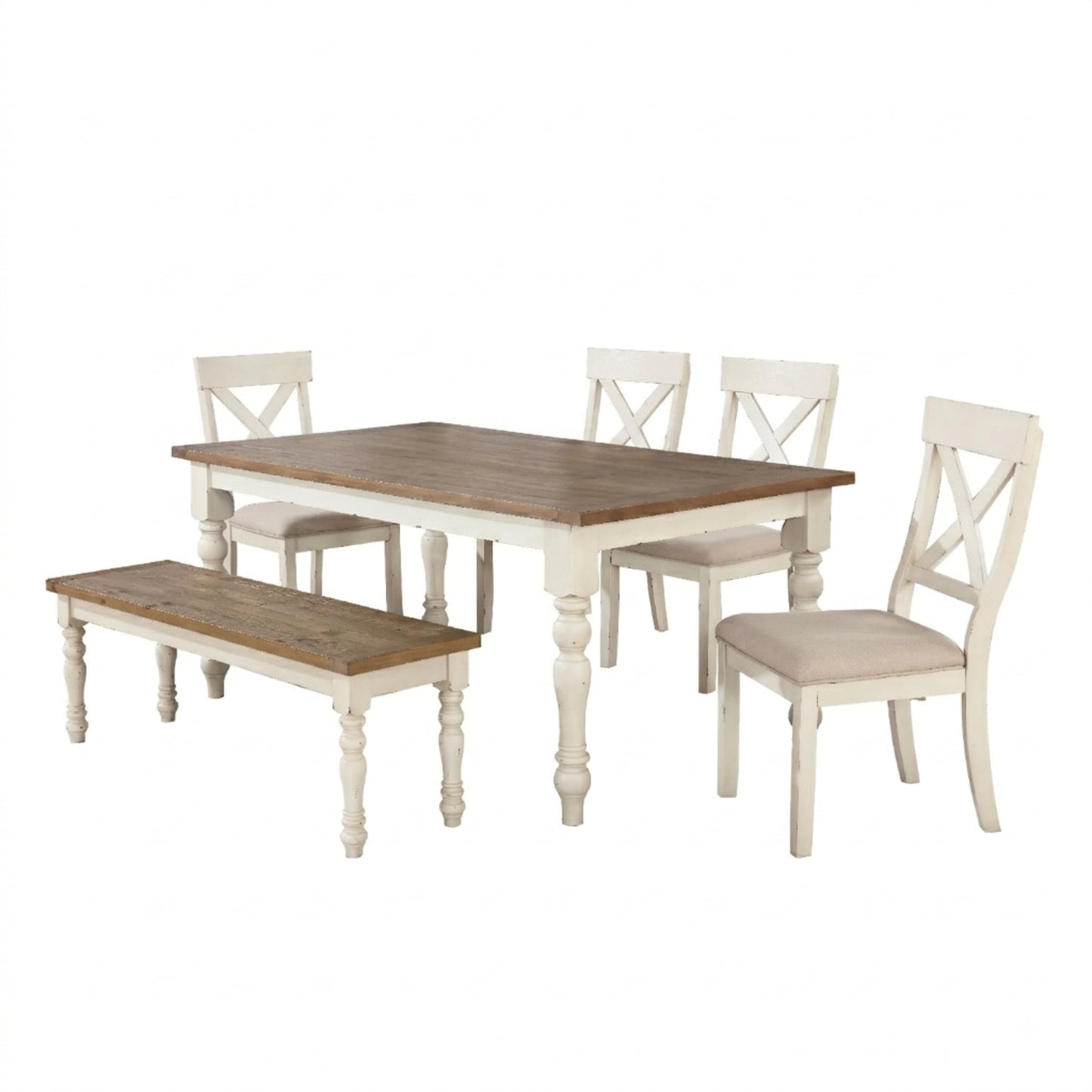 Prato 6-piece Dining table'set With Cross Back Chairs and Bench, Antique White and Distressed Oak