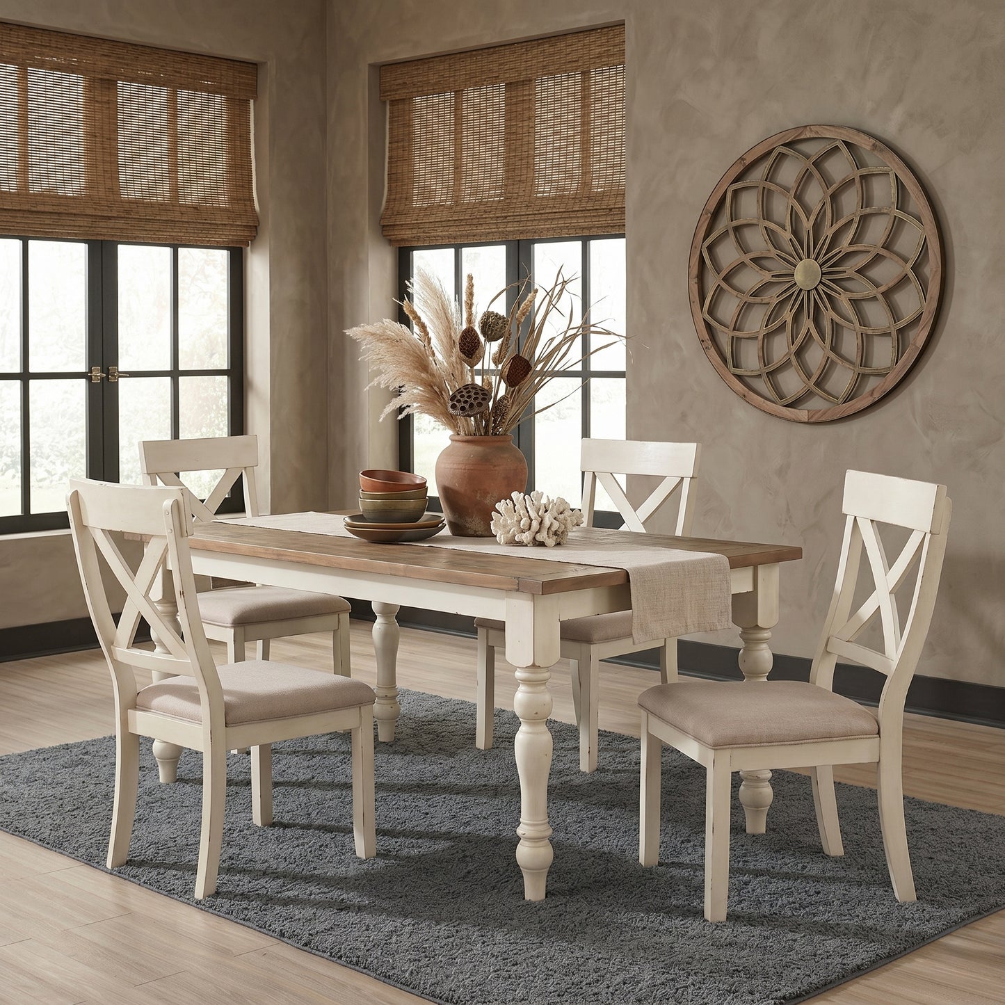 Prato Antique White and Distressed Oak Two-tone Finish Wood Dining Table