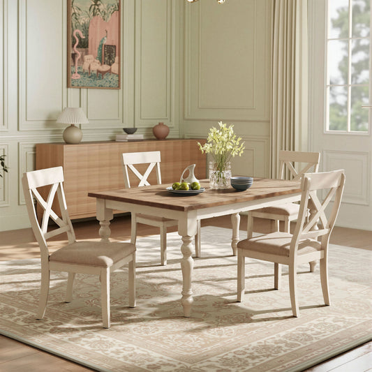 Prato 5-piece Dining table'set With Cross Back Chairs, Antique White and Distressed Oak
