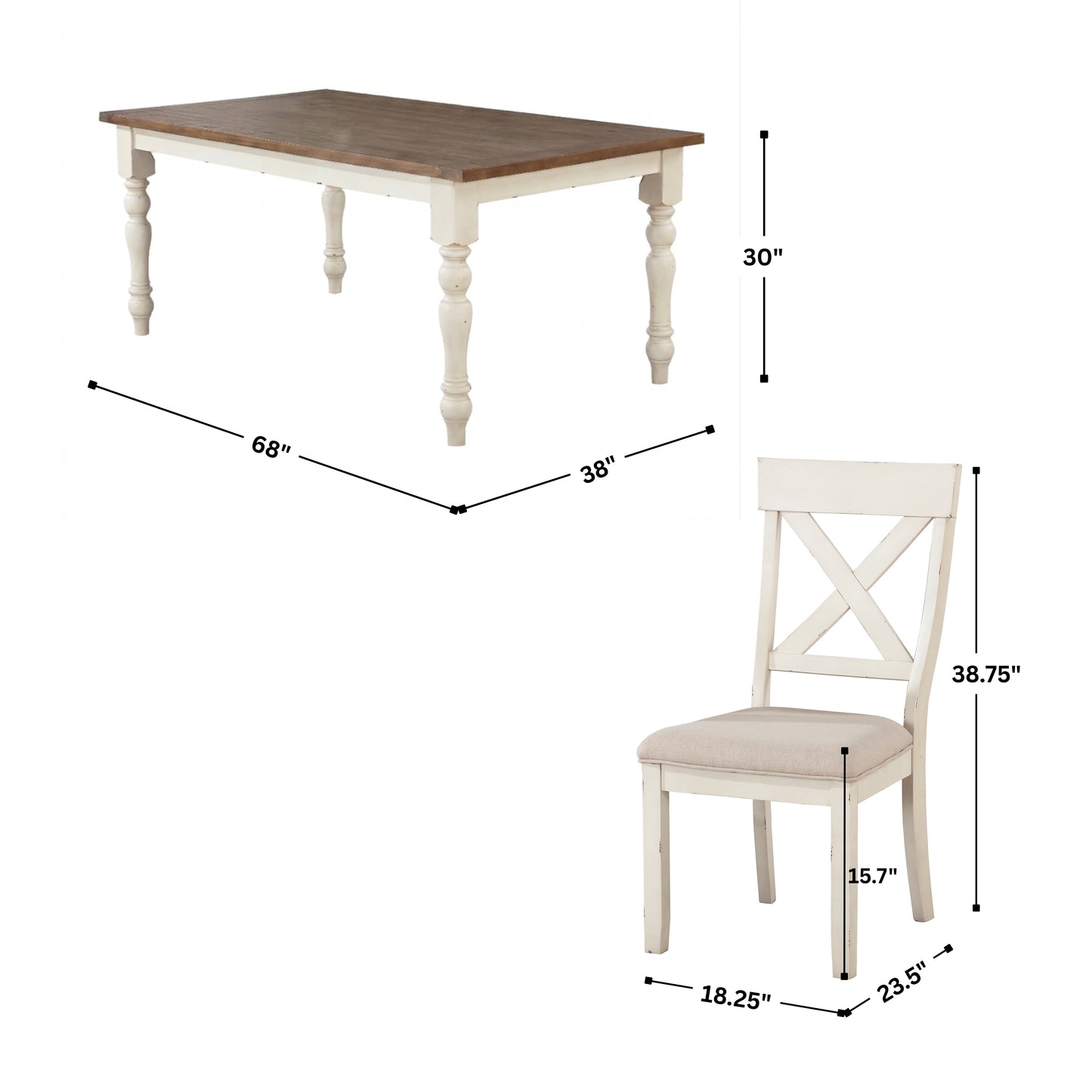 Prato 5-piece Dining table'set With Cross Back Chairs, Antique White and Distressed Oak
