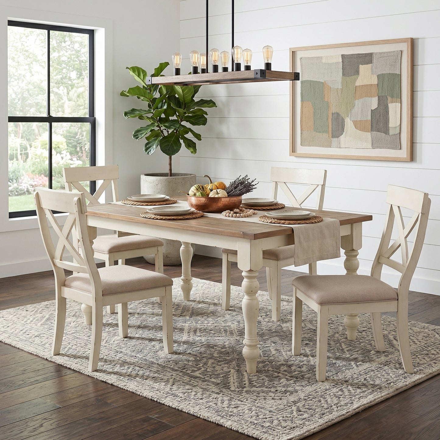 Prato 5-piece Dining table'set With Cross Back Chairs, Antique White and Distressed Oak