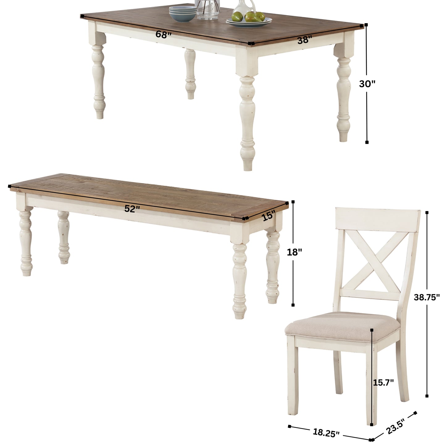 Prato 6-piece Dining table'set With Cross Back Chairs and Bench, Antique White and Distressed Oak