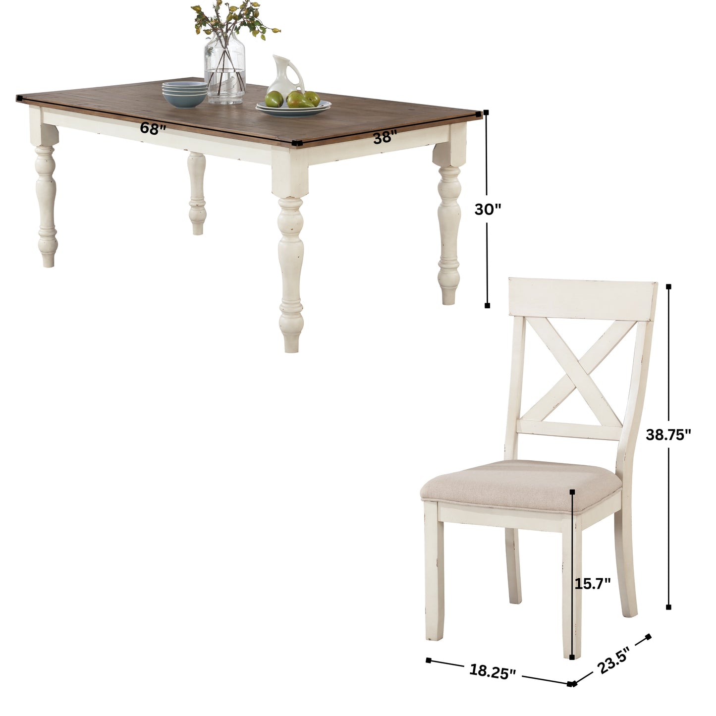 Prato 7-piece Dining table'set With Cross Back Chairs, Antique White and Distressed Oak
