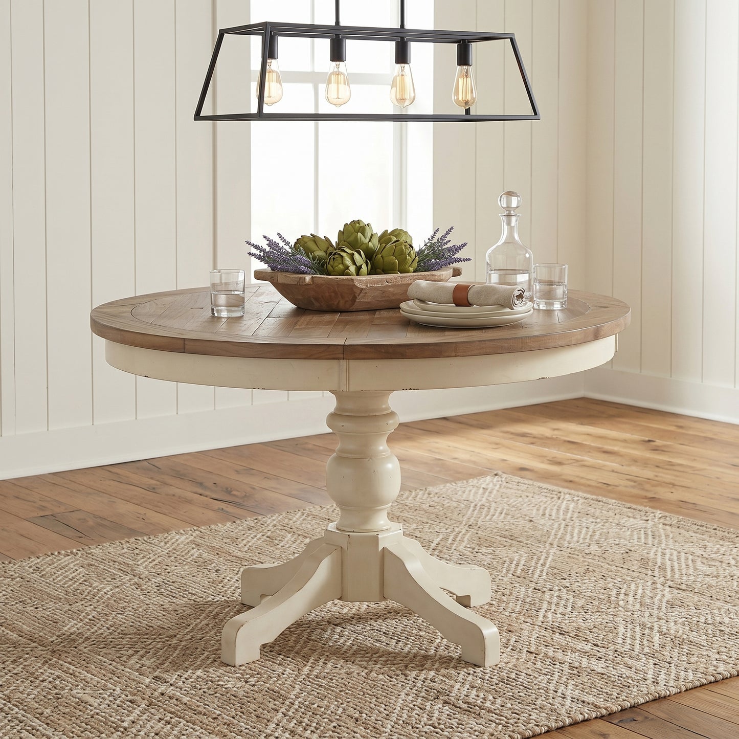 Prato Round Antique White and Distressed Oak Two-tone Finish Wood Dining Table