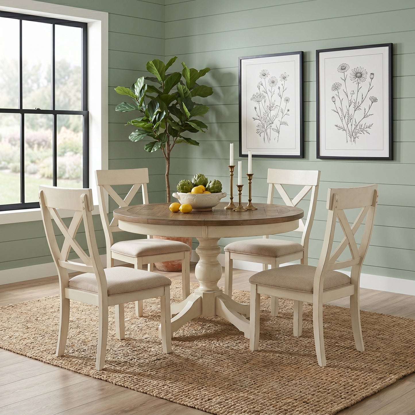 Prato 5-Piece Round Dining table'set with Cross Back Chairs, Antique White and Distressed Oak