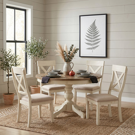Prato 5-Piece Round Dining table'set with Cross Back Chairs, Antique White and Distressed Oak