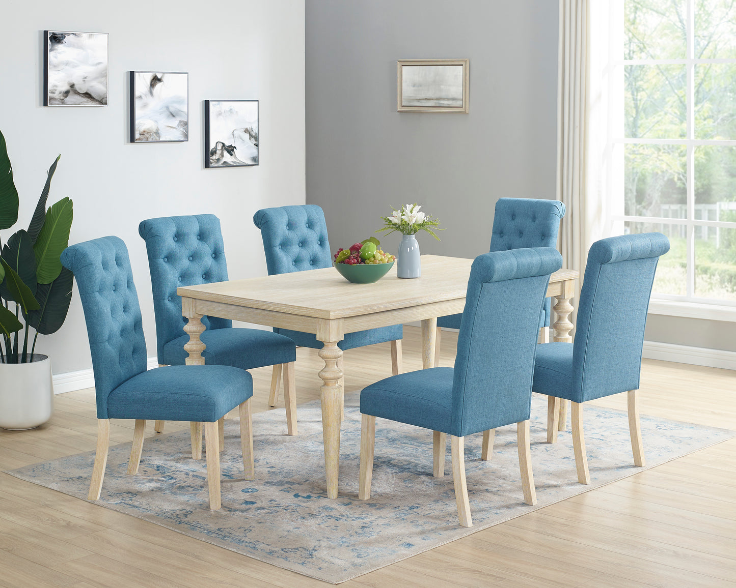 Amonia 7-piece Dining Set, Turned-Leg Dining Table with 6 Tufted Chairs