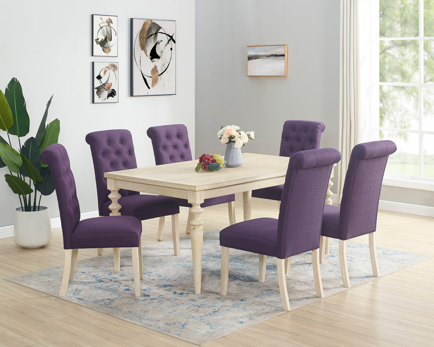 Amonia 7-piece Dining Set, Turned-Leg Dining Table with 6 Tufted Chairs