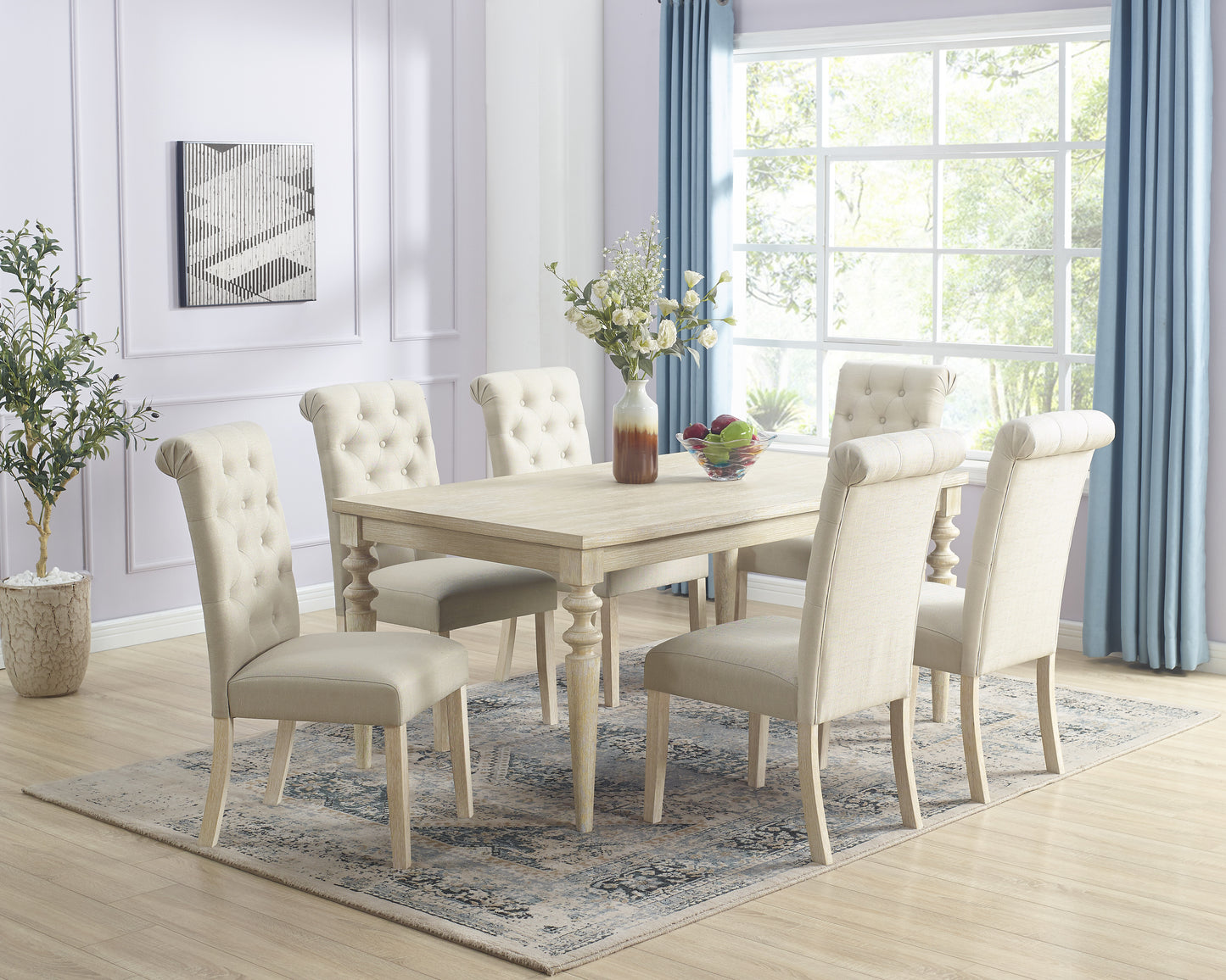 Amonia 7-piece Dining Set, Turned-Leg Dining Table with 6 Tufted Chairs