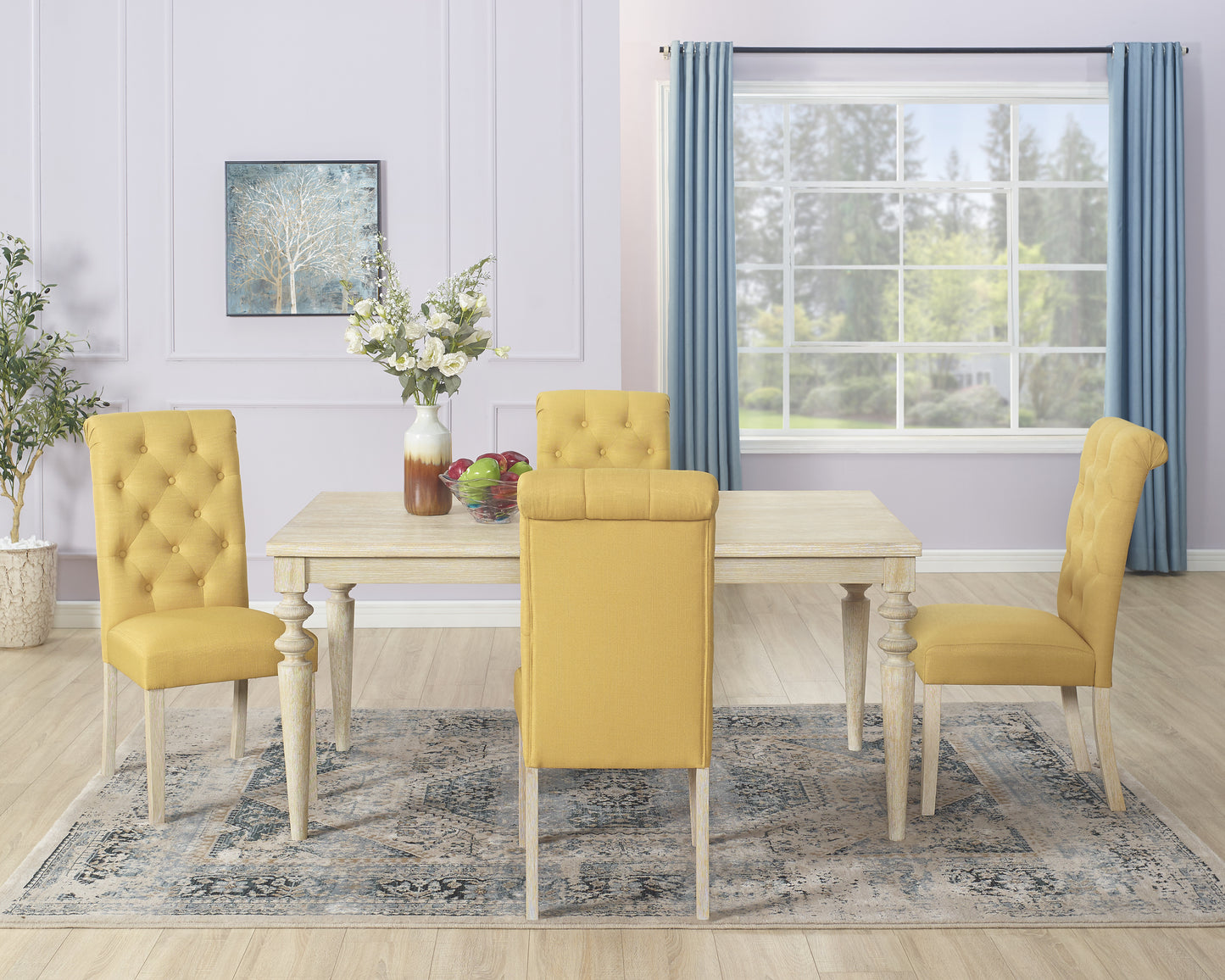 Amonia 5-piece Dining Set, Turned-Leg Dining Table with 4 Tufted Chairs