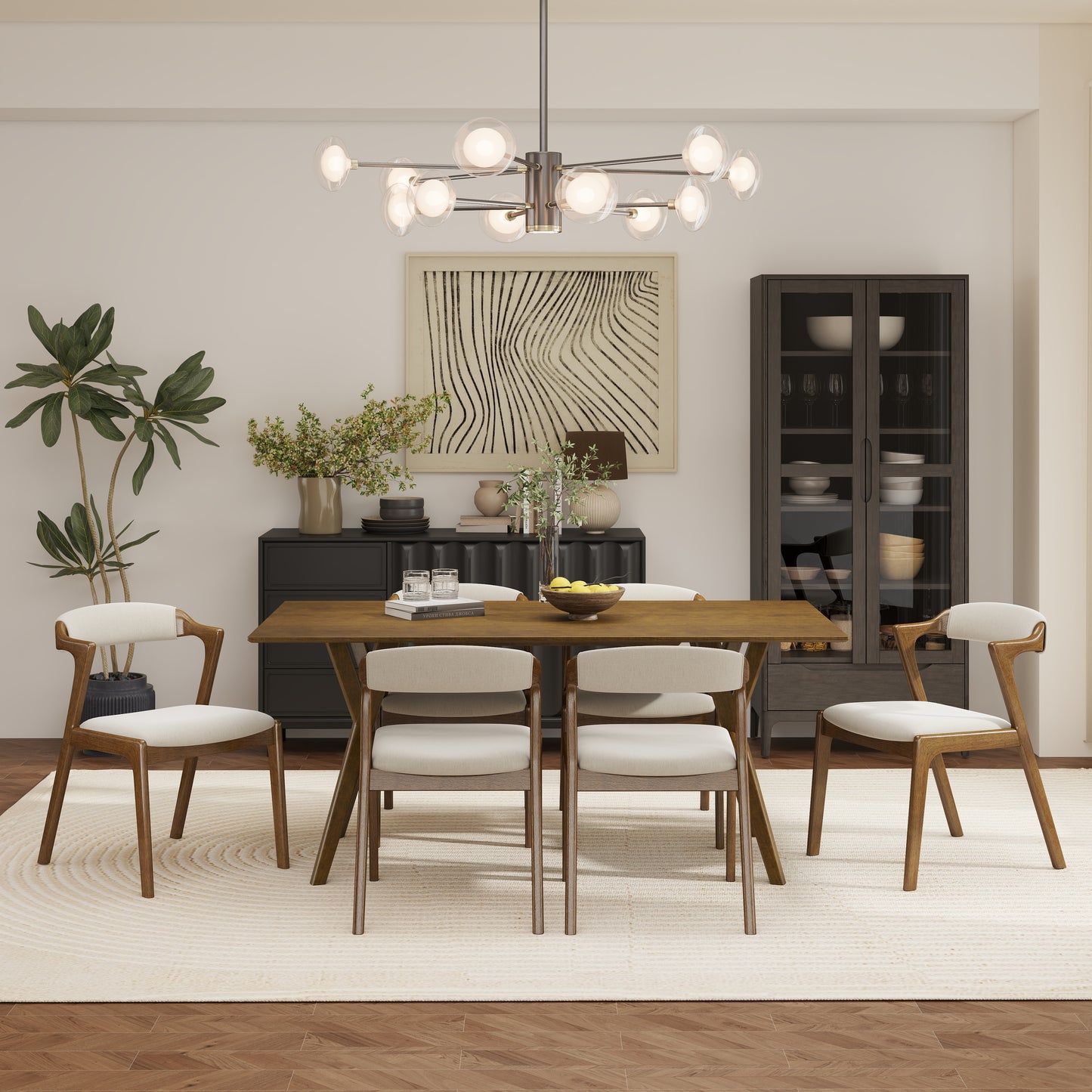 Roundhill Furniture Lavin Modern 7-Piece Dining Set, Walnut Finished Dining Table with 6 Chairs