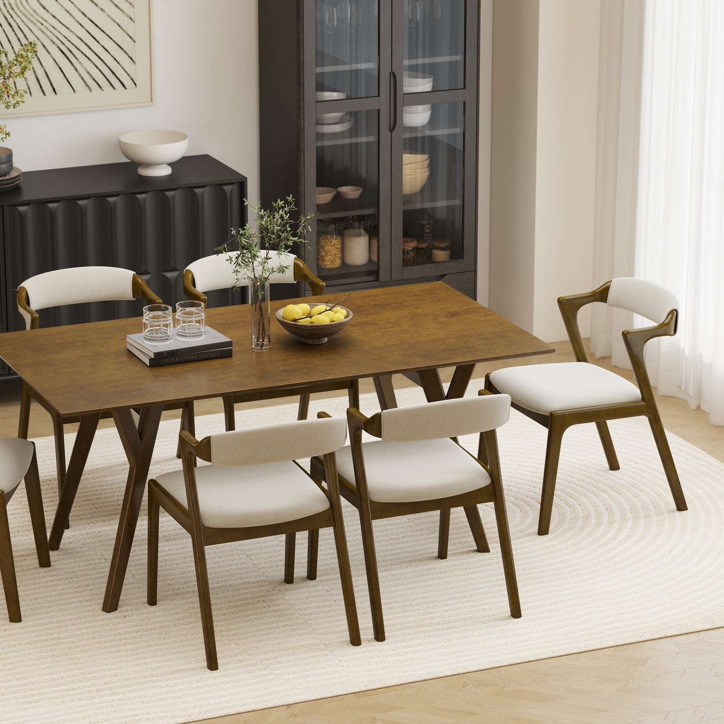 Roundhill Furniture Lavin Modern 7-Piece Dining Set, Walnut Finished Dining Table with 6 Chairs