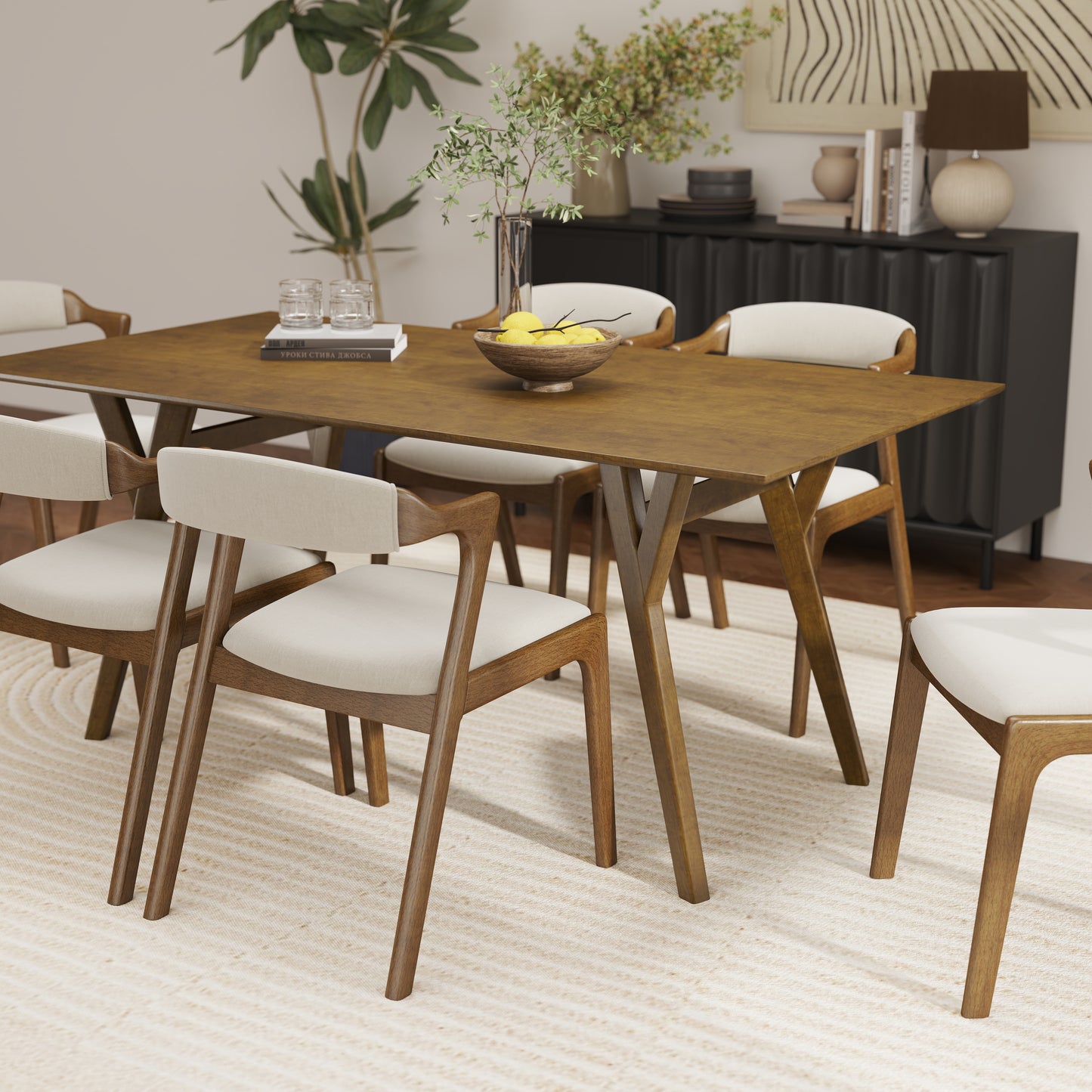 Roundhill Furniture Lavin Modern 7-Piece Dining Set, Walnut Finished Dining Table with 6 Chairs