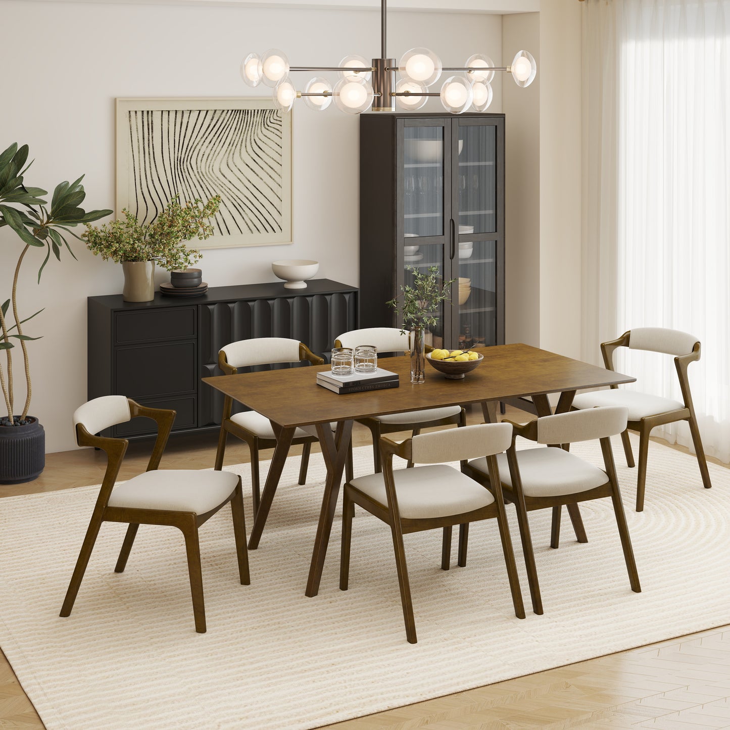 Roundhill Furniture Lavin Modern 7-Piece Dining Set, Walnut Finished Dining Table with 6 Chairs