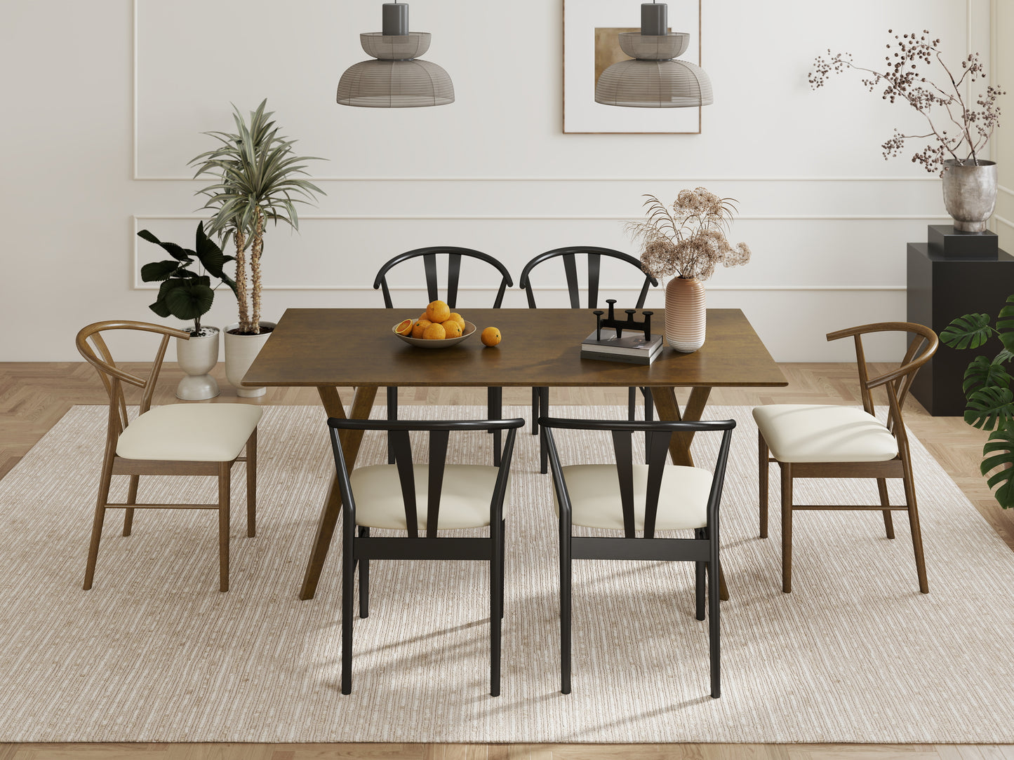 Roundhill Furniture Lavin Modern 7-Piece Dining Set, Wood Dining Table with 6 Wishbone Chairs