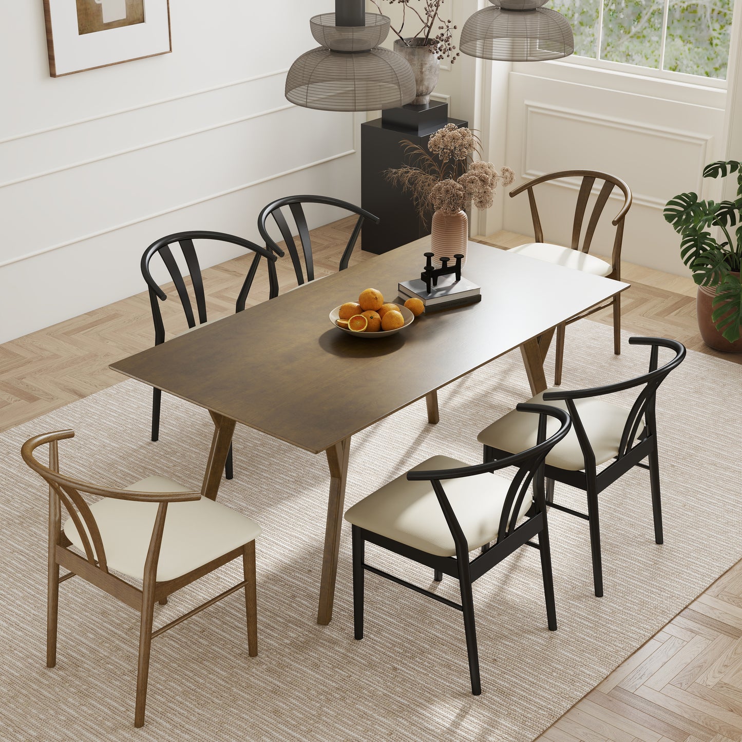 Roundhill Furniture Lavin Modern 7-Piece Dining Set, Wood Dining Table with 6 Wishbone Chairs