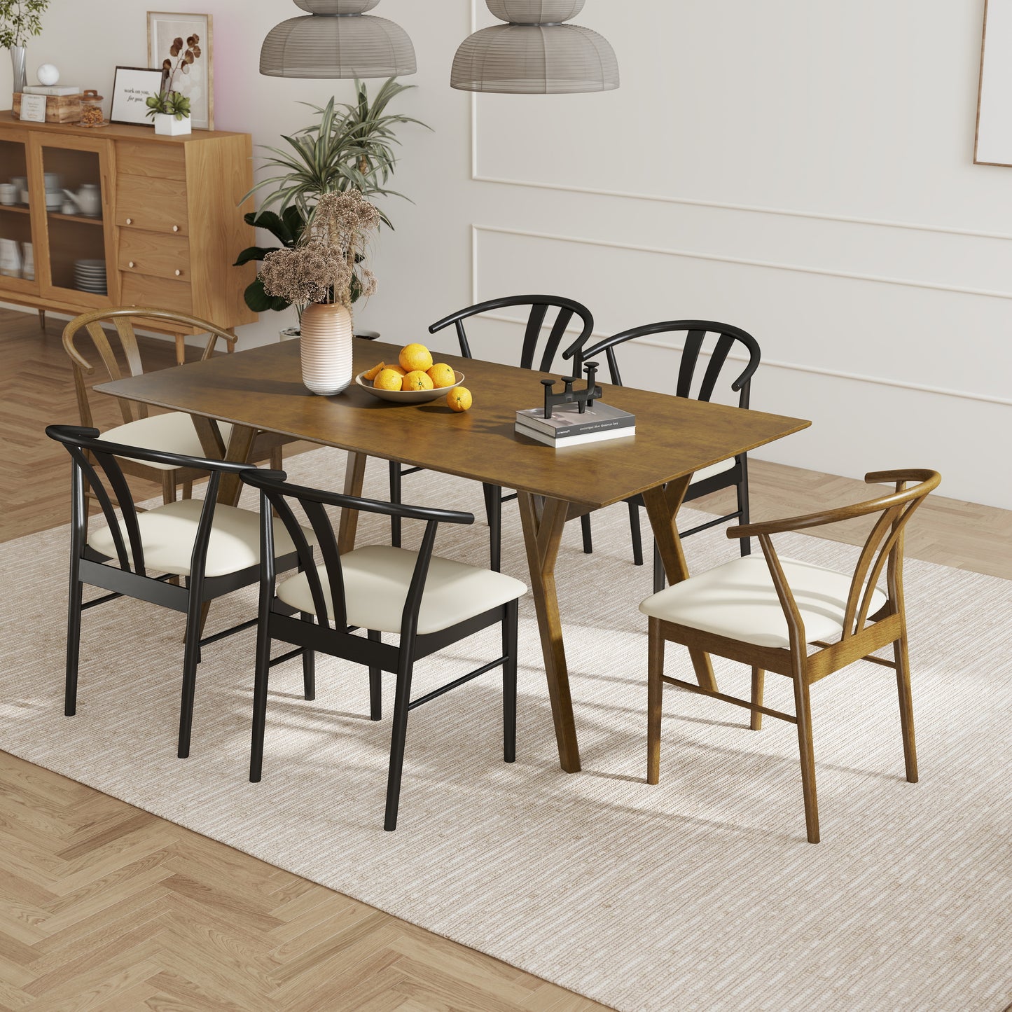 Roundhill Furniture Lavin Modern 7-Piece Dining Set, Wood Dining Table with 6 Wishbone Chairs