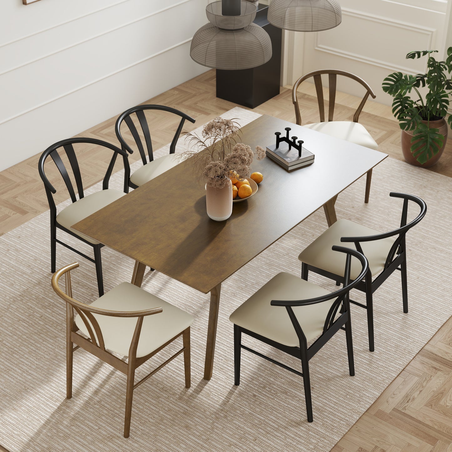 Roundhill Furniture Lavin Modern 7-Piece Dining Set, Wood Dining Table with 6 Wishbone Chairs