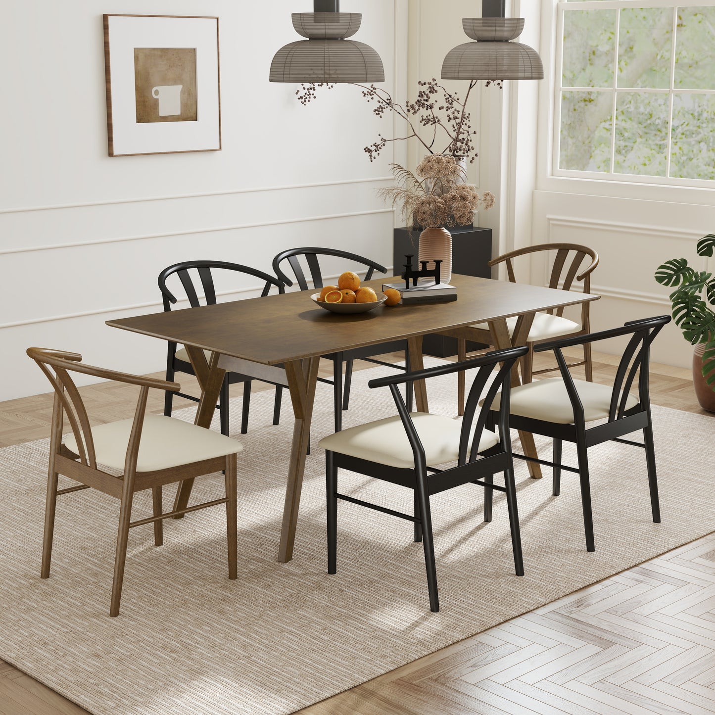Roundhill Furniture Lavin Modern 7-Piece Dining Set, Wood Dining Table with 6 Wishbone Chairs