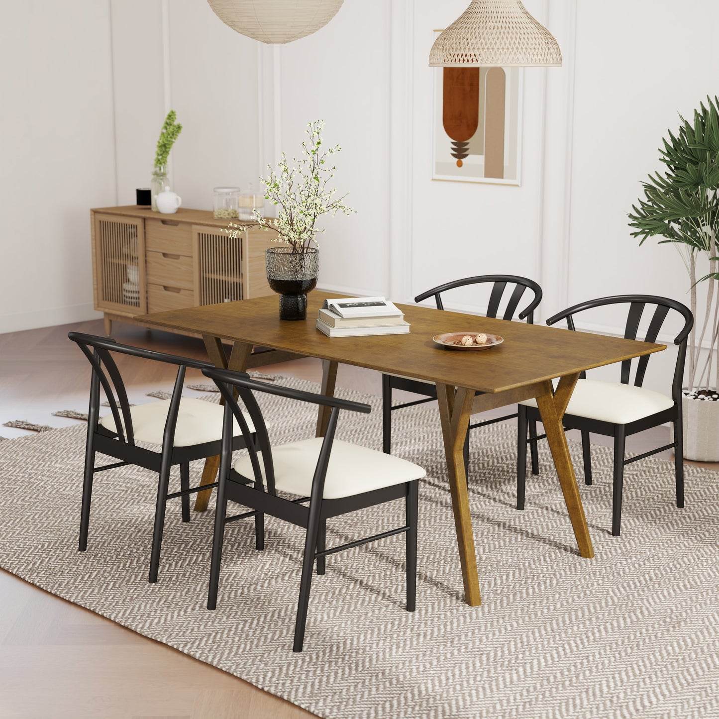 Roundhill Furniture Lavin Modern 5-Piece Dining Set, Walnut Finished Dining Table with 4 Wishbone Chairs