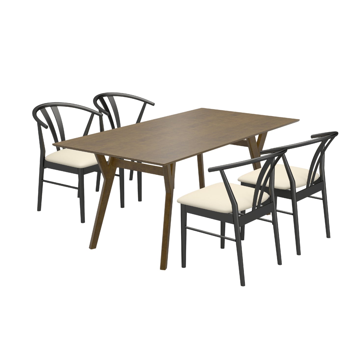 Roundhill Furniture Lavin Modern 5-Piece Dining Set, Walnut Finished Dining Table with 4 Wishbone Chairs