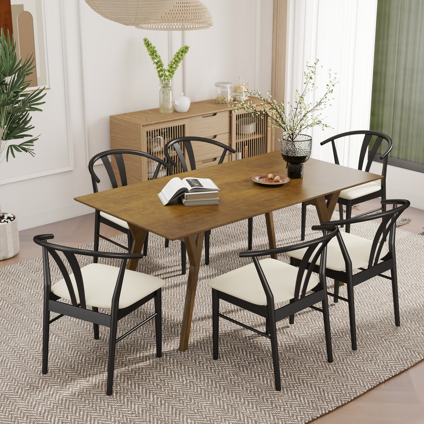Roundhill Furniture Lavin Modern 7-Piece Dining Set, Walnut Finished Dining Table with 6 Wishbone Chairs