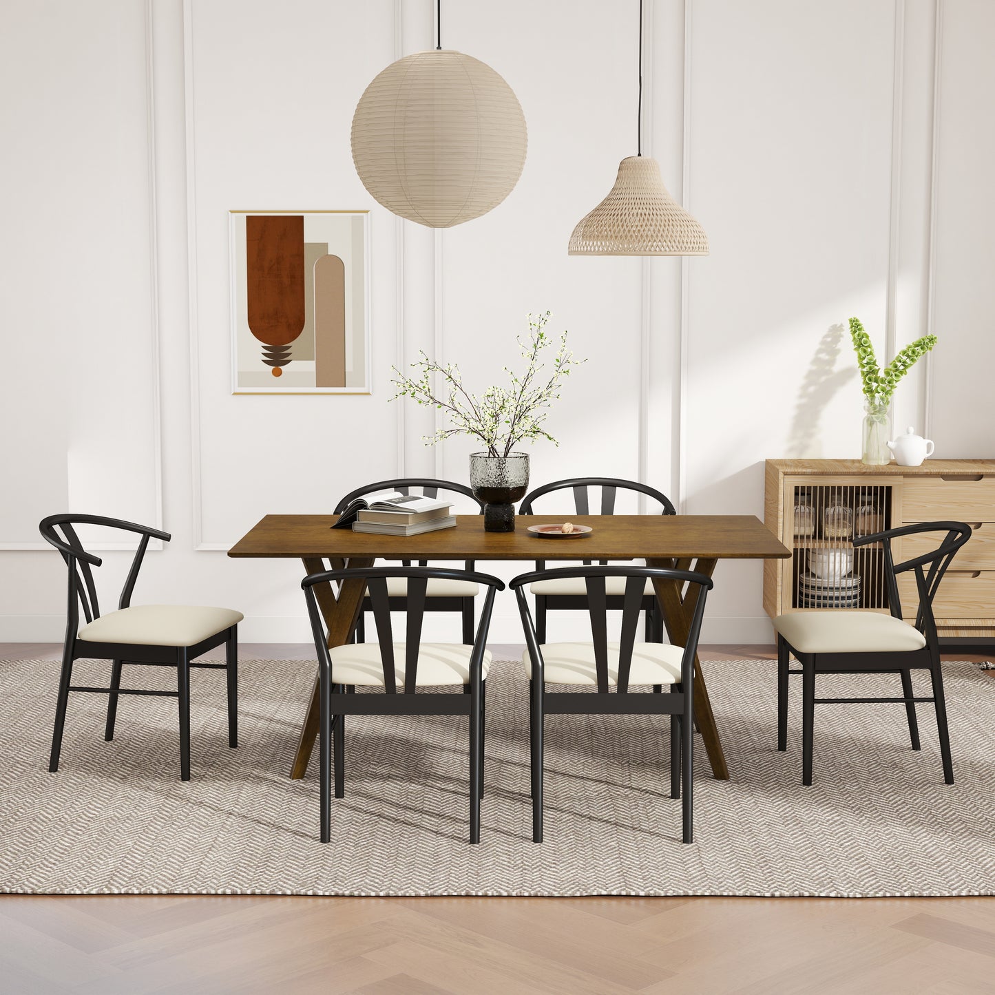 Roundhill Furniture Lavin Modern 7-Piece Dining Set, Walnut Finished Dining Table with 6 Wishbone Chairs