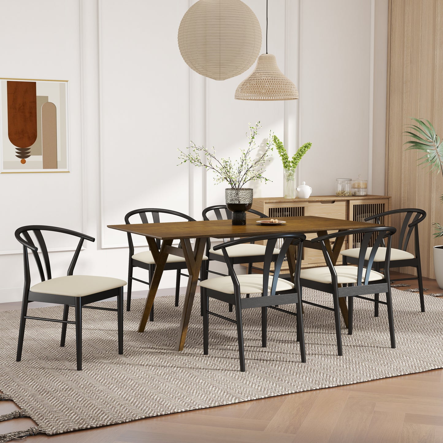Roundhill Furniture Lavin Modern 7-Piece Dining Set, Walnut Finished Dining Table with 6 Wishbone Chairs