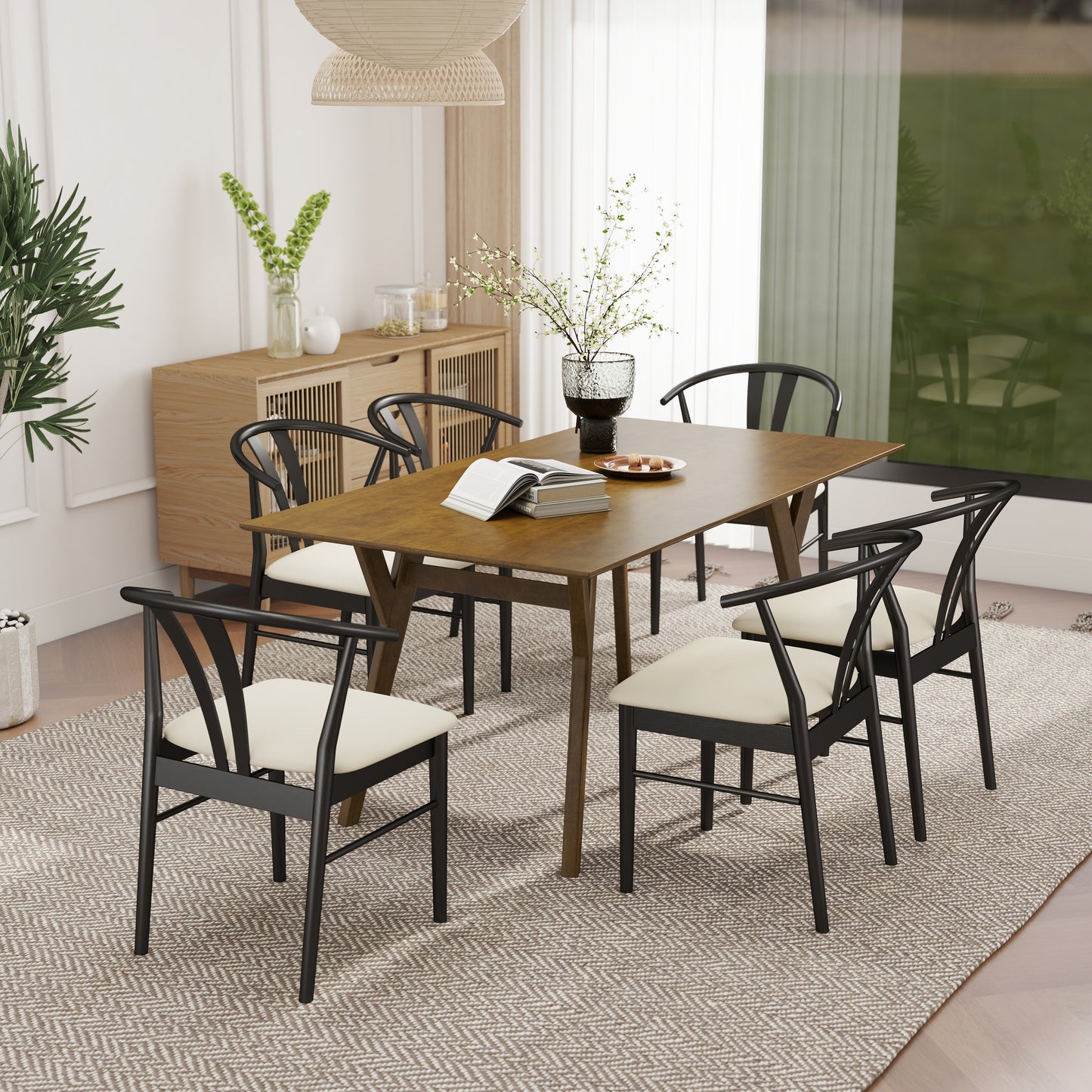 Roundhill Furniture Lavin Modern 7-Piece Dining Set, Walnut Finished Dining Table with 6 Wishbone Chairs