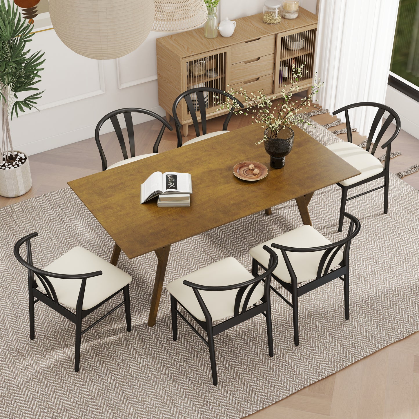 Roundhill Furniture Lavin Modern 7-Piece Dining Set, Walnut Finished Dining Table with 6 Wishbone Chairs