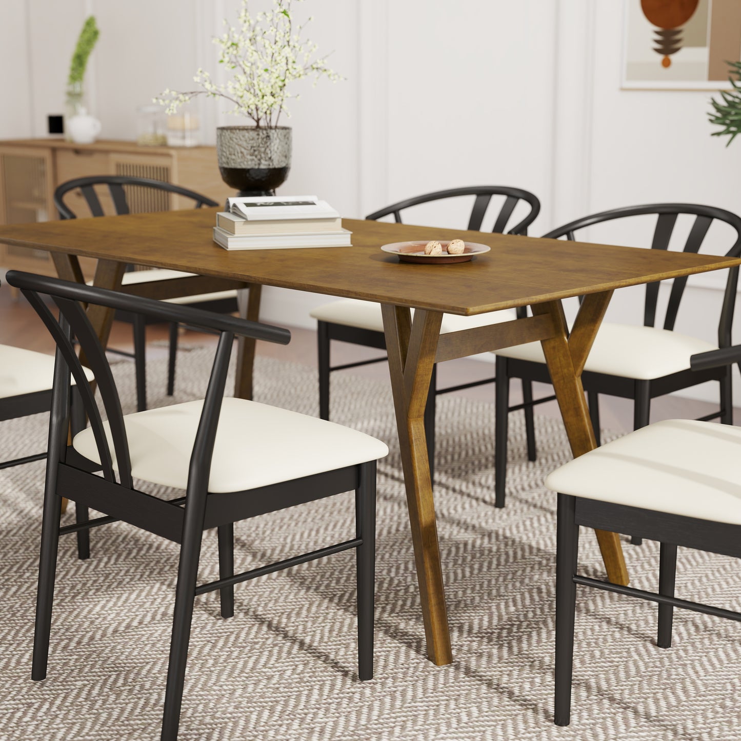 Roundhill Furniture Lavin Modern 7-Piece Dining Set, Walnut Finished Dining Table with 6 Wishbone Chairs