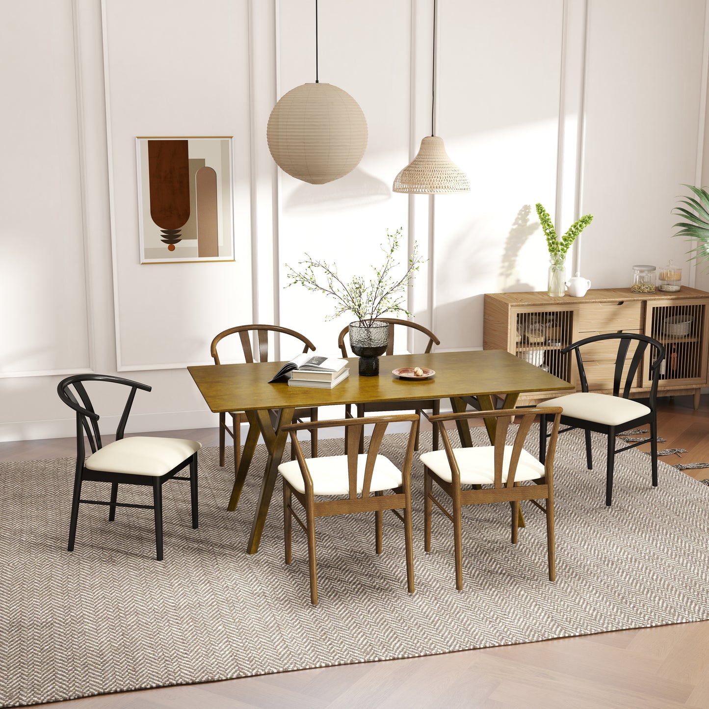 Roundhill Furniture Lavin Modern 7-Piece Dining Set, Wood Dining Table with 6 Wishbone Chairs