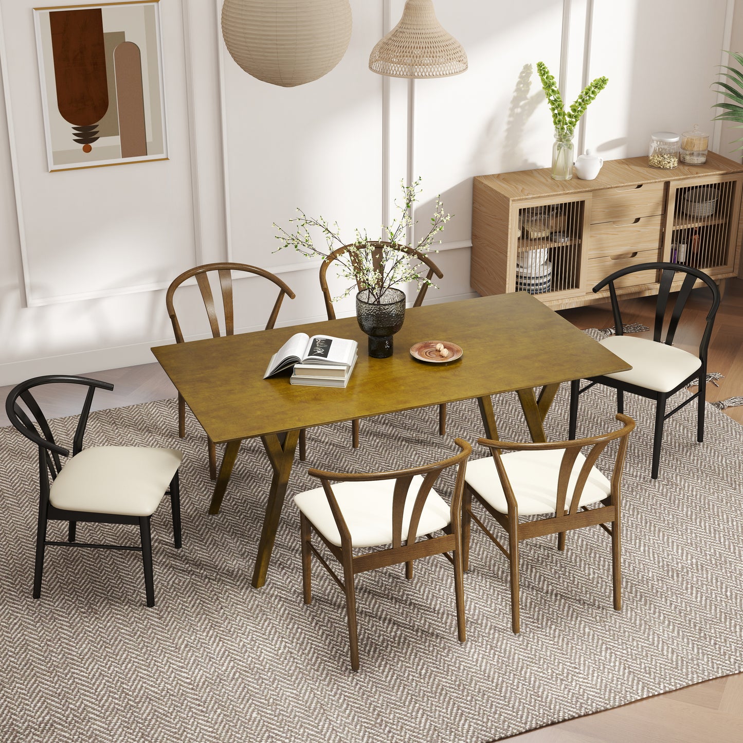 Roundhill Furniture Lavin Modern 7-Piece Dining Set, Wood Dining Table with 6 Wishbone Chairs