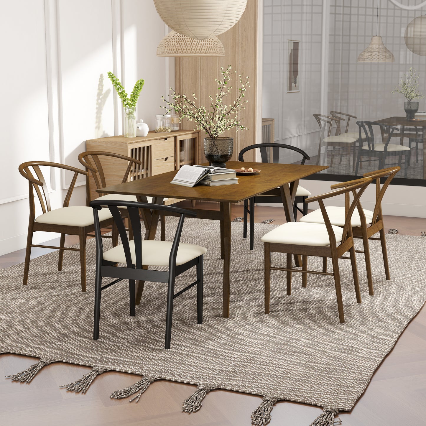 Roundhill Furniture Lavin Modern 7-Piece Dining Set, Wood Dining Table with 6 Wishbone Chairs