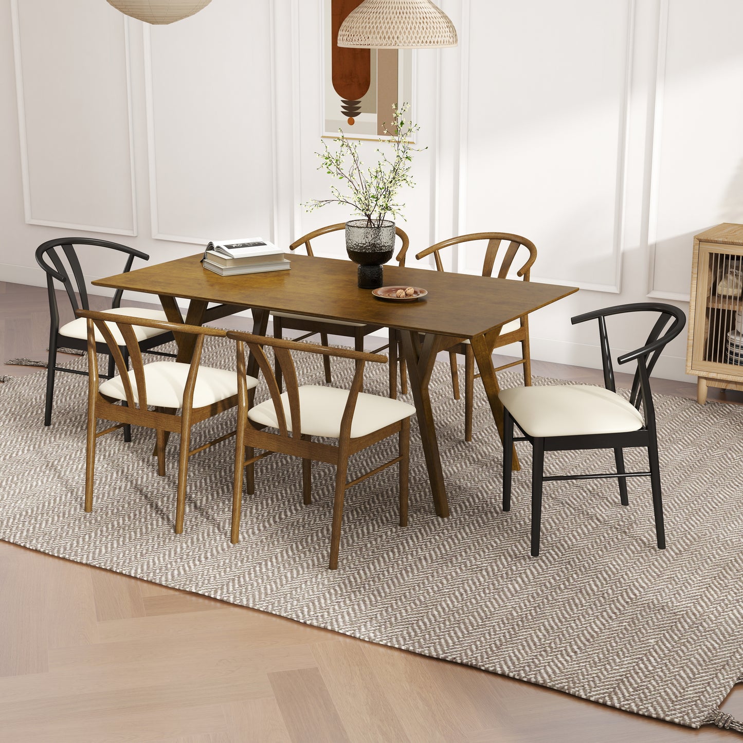 Roundhill Furniture Lavin Modern 7-Piece Dining Set, Wood Dining Table with 6 Wishbone Chairs