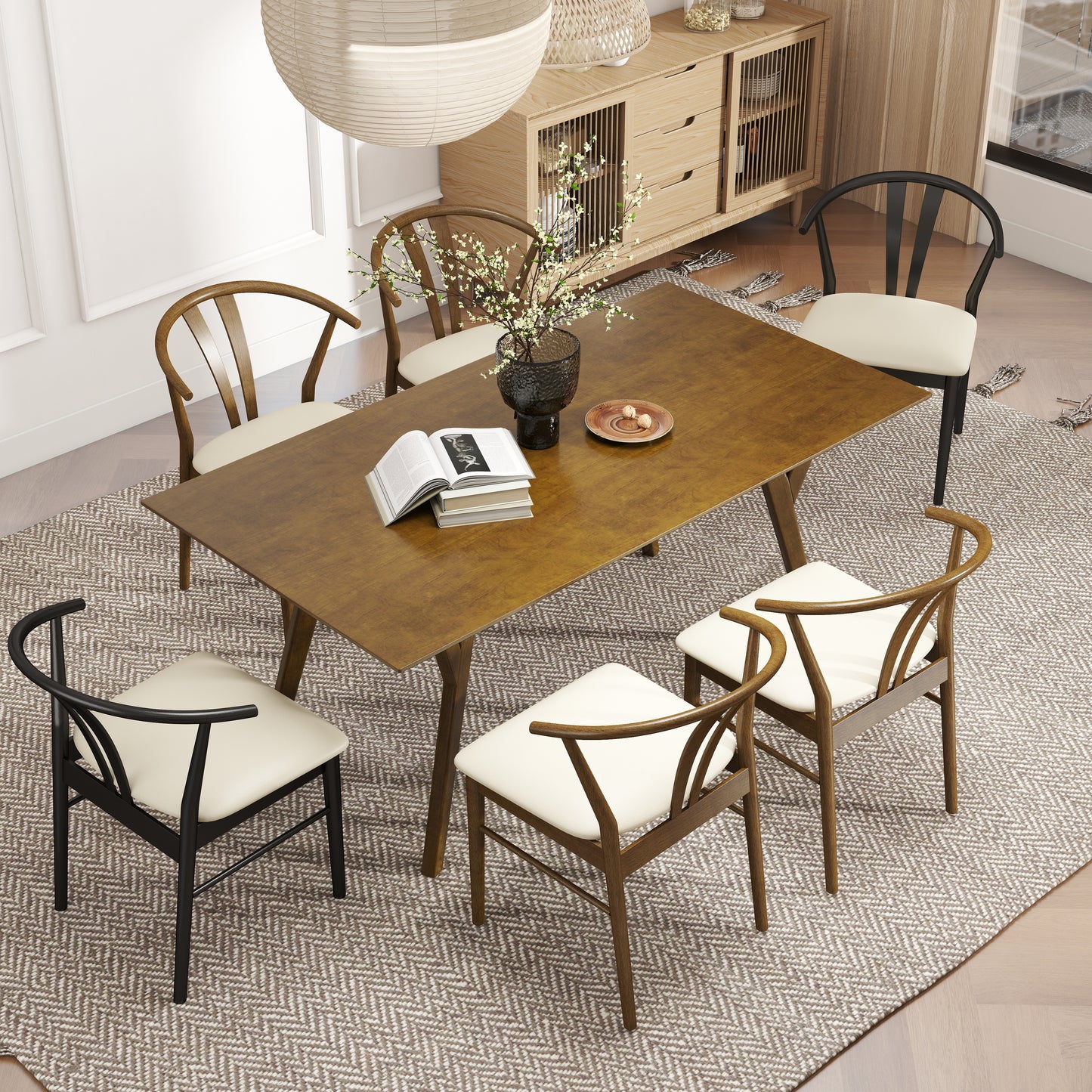 Roundhill Furniture Lavin Modern 7-Piece Dining Set, Wood Dining Table with 6 Wishbone Chairs